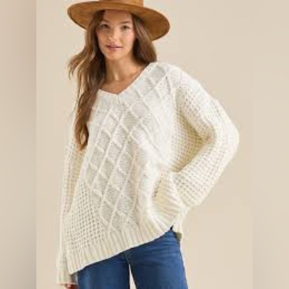 Altar'd State White V-Neck Cable Knit Sweater